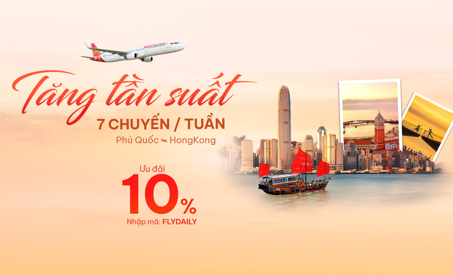 Tăng tần suất bay Phú Quốc – Hong Kong lên 7 chuyến/tuần: Săn ngay ưu đãi 10% cùng Sun PhuQuoc Airways