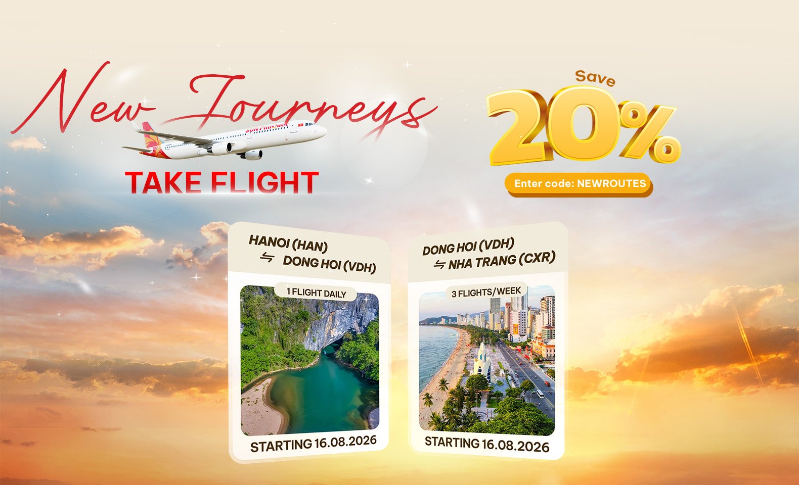 New Route Launch Promotion: 20% Off Base Fares on Hanoi - Dong Hoi and Dong Hoi - Cam Ranh Flights