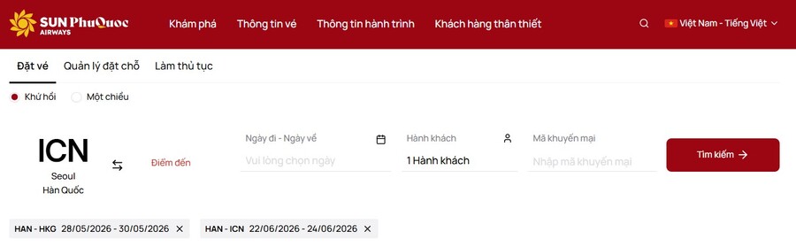 Giao diện mua vé từ sân bay Incheon về Việt Nam trên website SPA