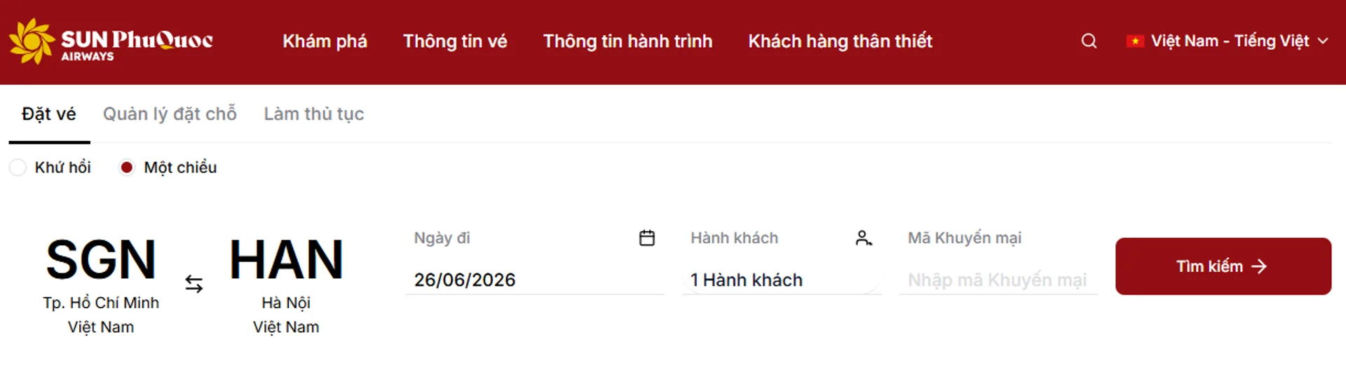 Đặt vé máy bay Hanoi to Ho Chi Minh trên website SPA