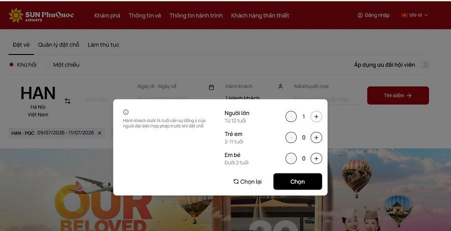 Cách đặt vé máy bay trẻ em Sun PhuQuoc Airways