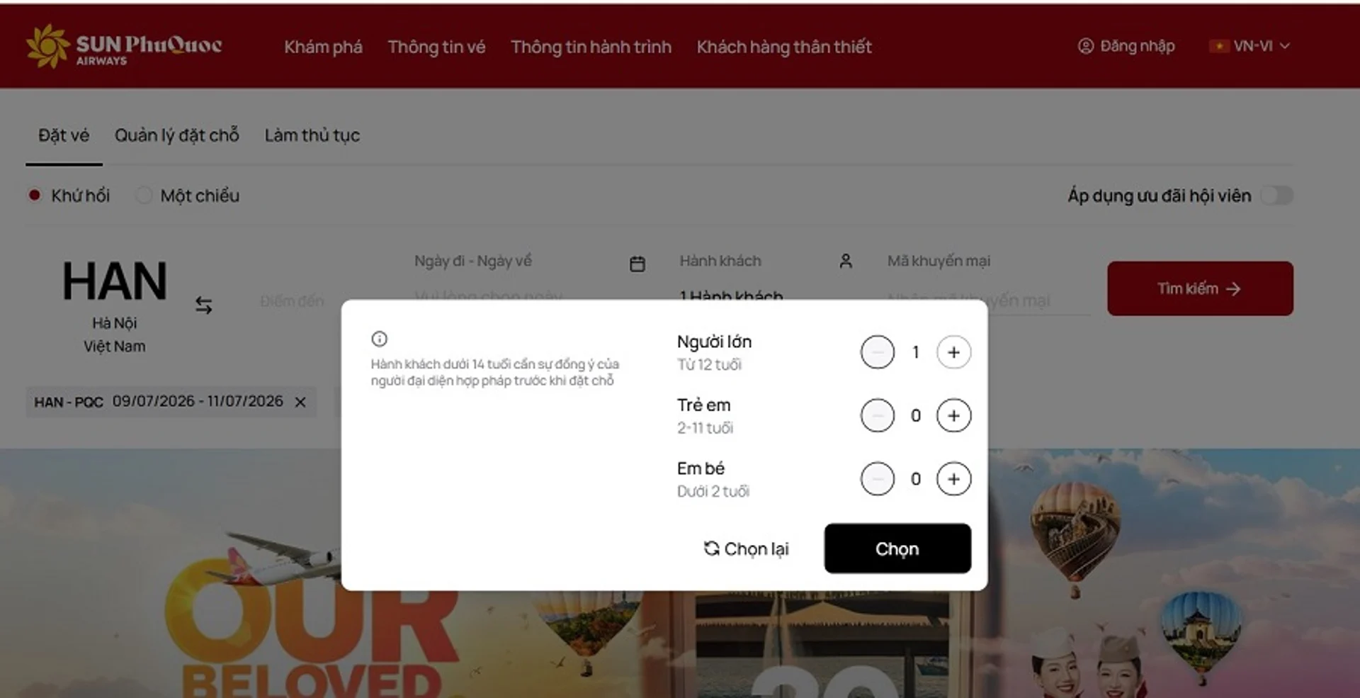 Cách đặt vé máy bay trẻ em Sun PhuQuoc Airways